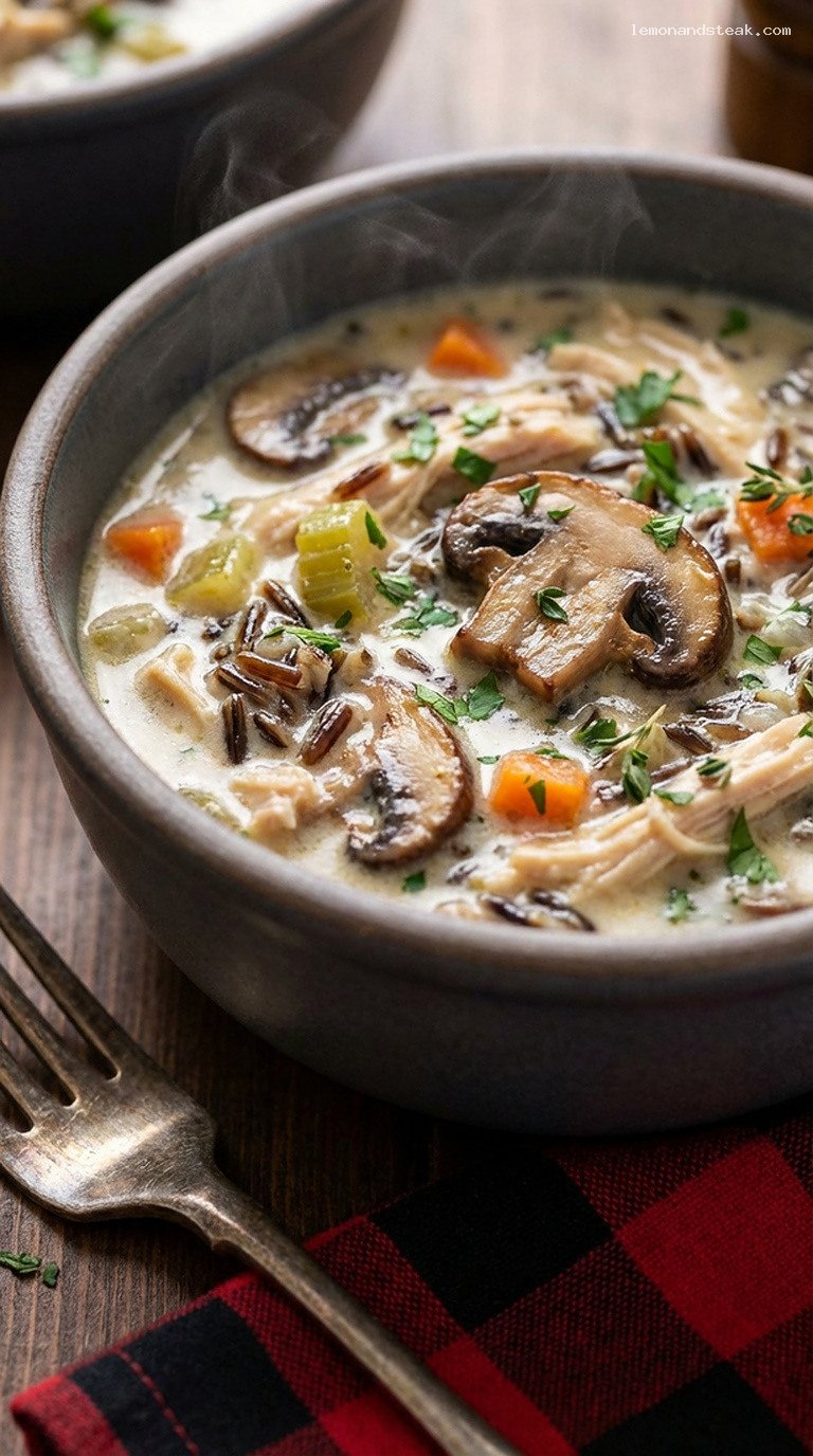 Creamy Chicken and Wild Rice Soup with Mushrooms – Closeup