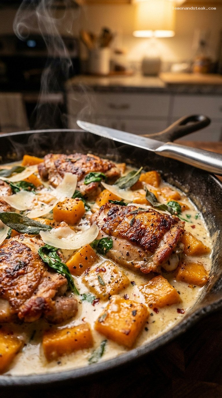 Creamy Chicken and Winter Squash Skillet with Sage – Closeup
