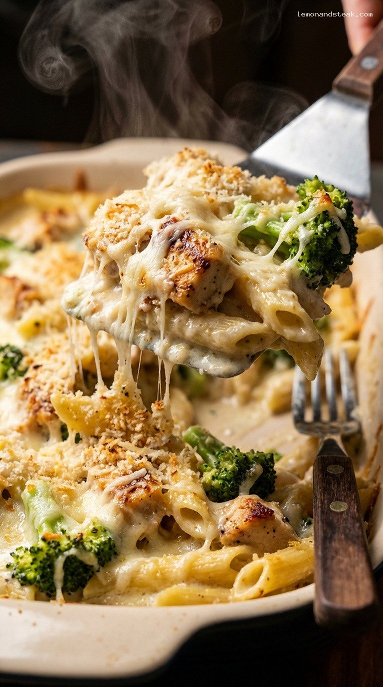 Creamy Chicken Broccoli Alfredo Pasta Bake – Closeup