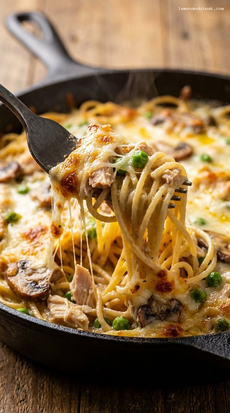 Creamy Chicken Tetrazzini Casserole With Mushrooms and Cheese – Closeup