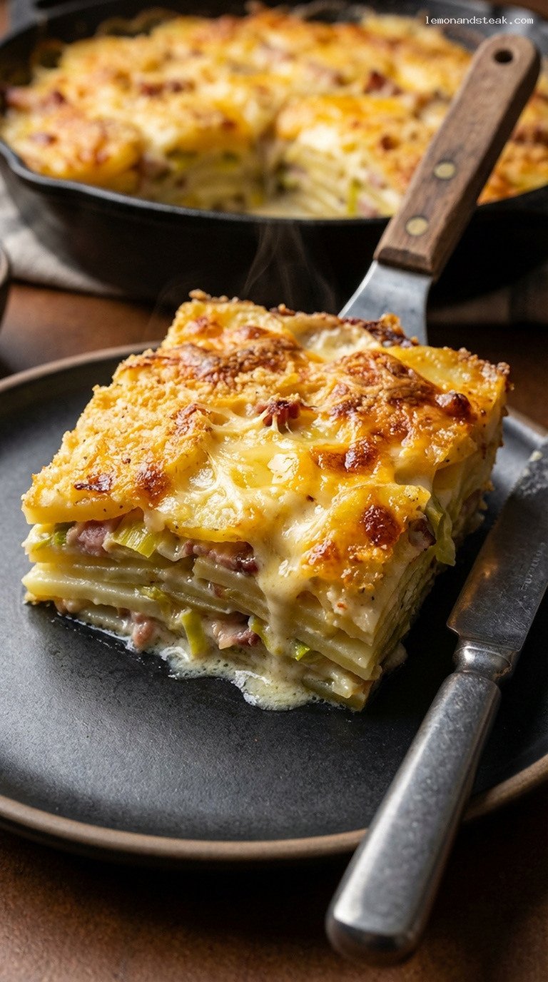 Creamy Potato, Leek, and Bacon Gratin Casserole – Closeup