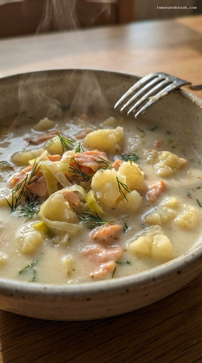 Creamy Potato, Leek and Smoked Salmon Chowder – Closeup