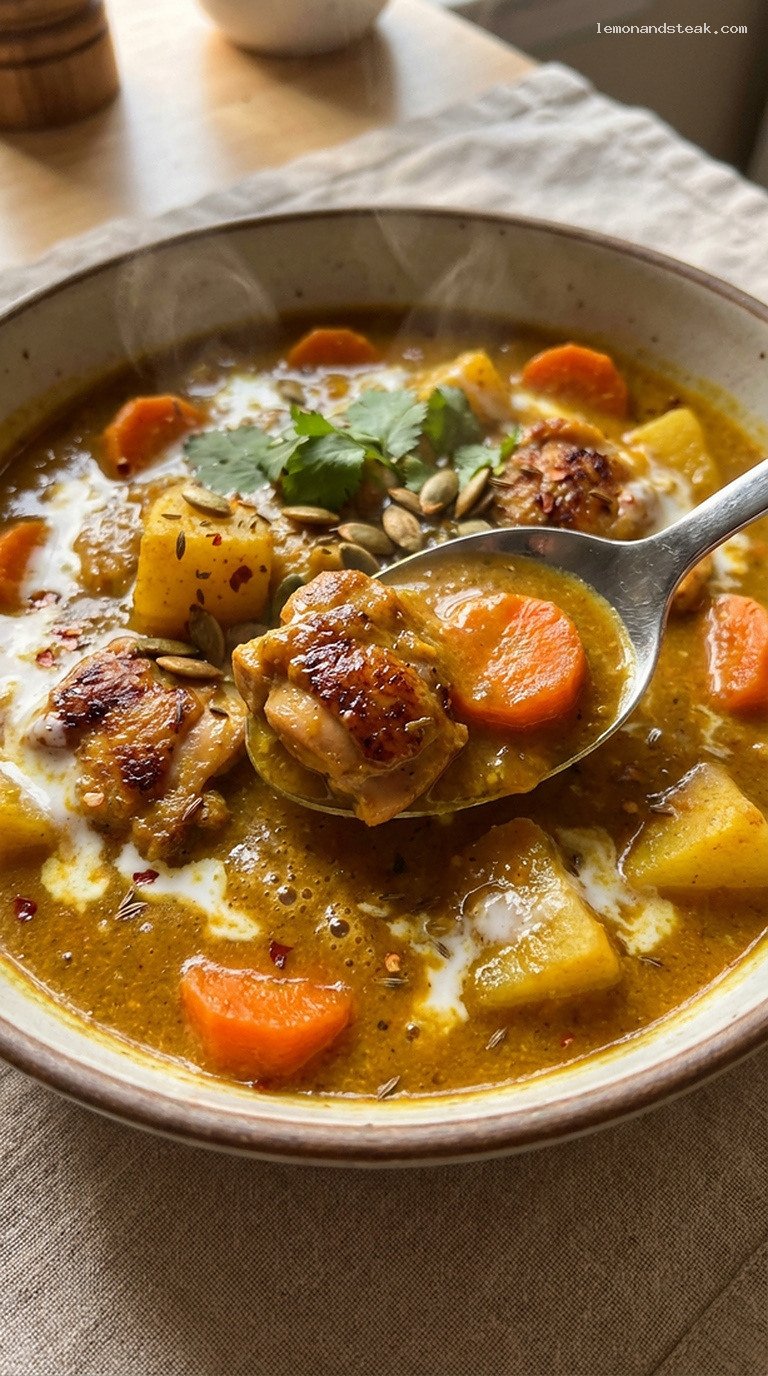 Creamy Pumpkin Chicken Curry Stew with Coconut Milk – Closeup