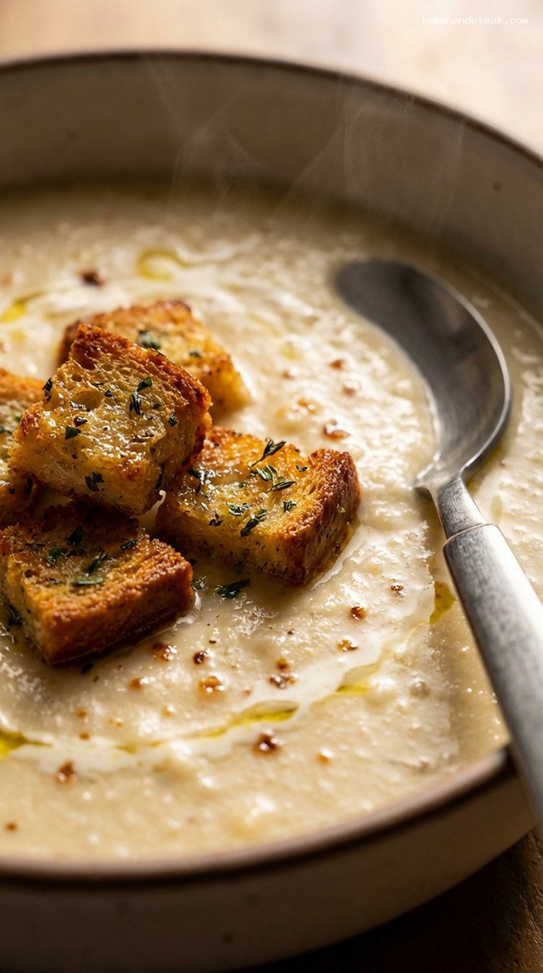 Creamy Roasted Cauliflower and Garlic Chowder with Herb Croutons – Closeup