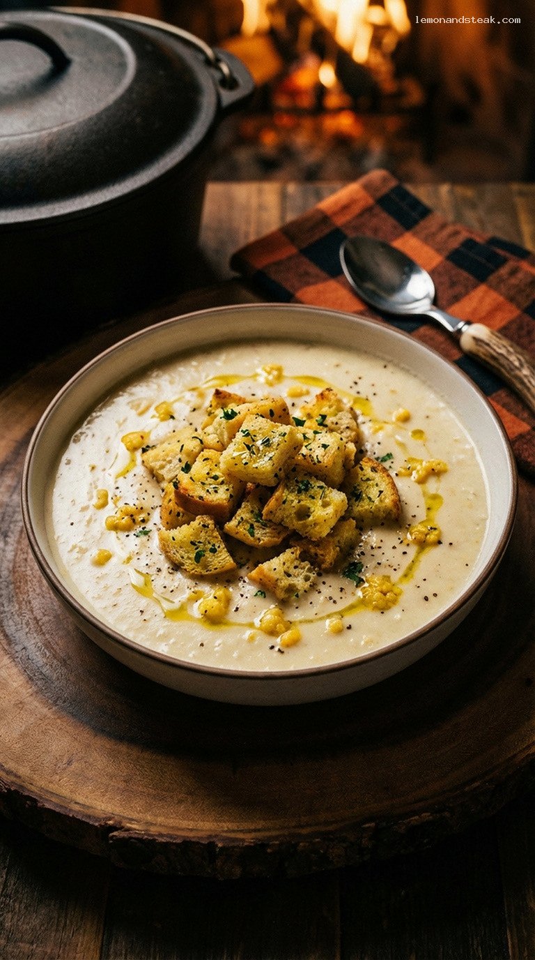 Creamy Roasted Cauliflower and Garlic Chowder with Herb Croutons