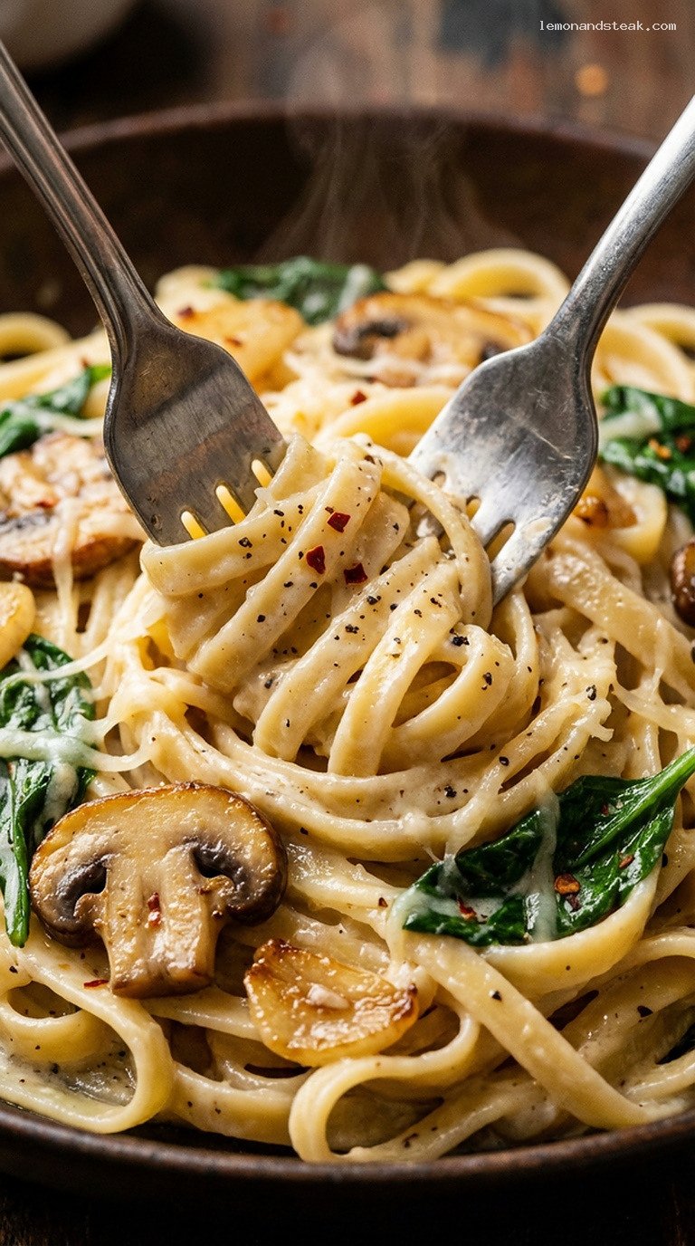 Creamy Roasted Garlic Pasta with Mushrooms and Spinach – Closeup