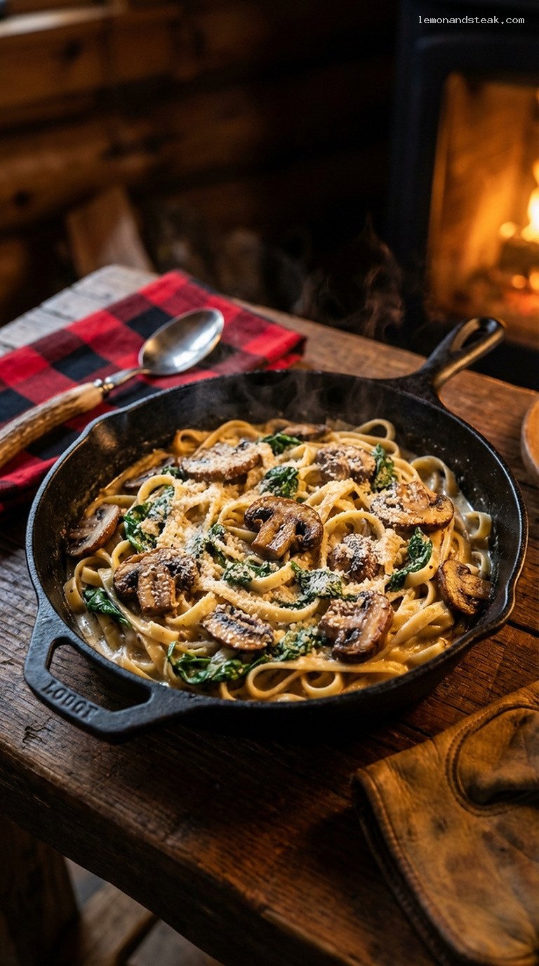 Creamy Roasted Garlic Pasta with Mushrooms and Spinach