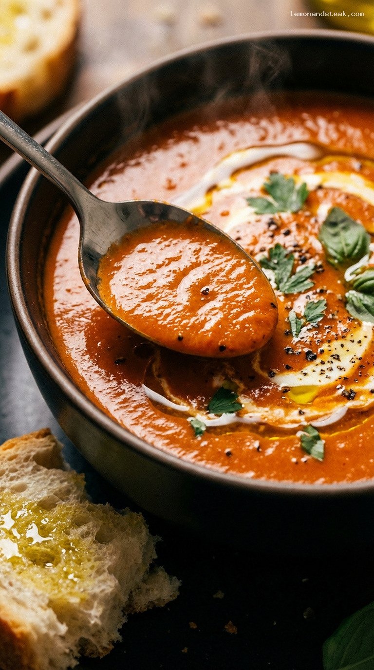 Creamy Roasted Red Pepper and Tomato Bisque – Closeup