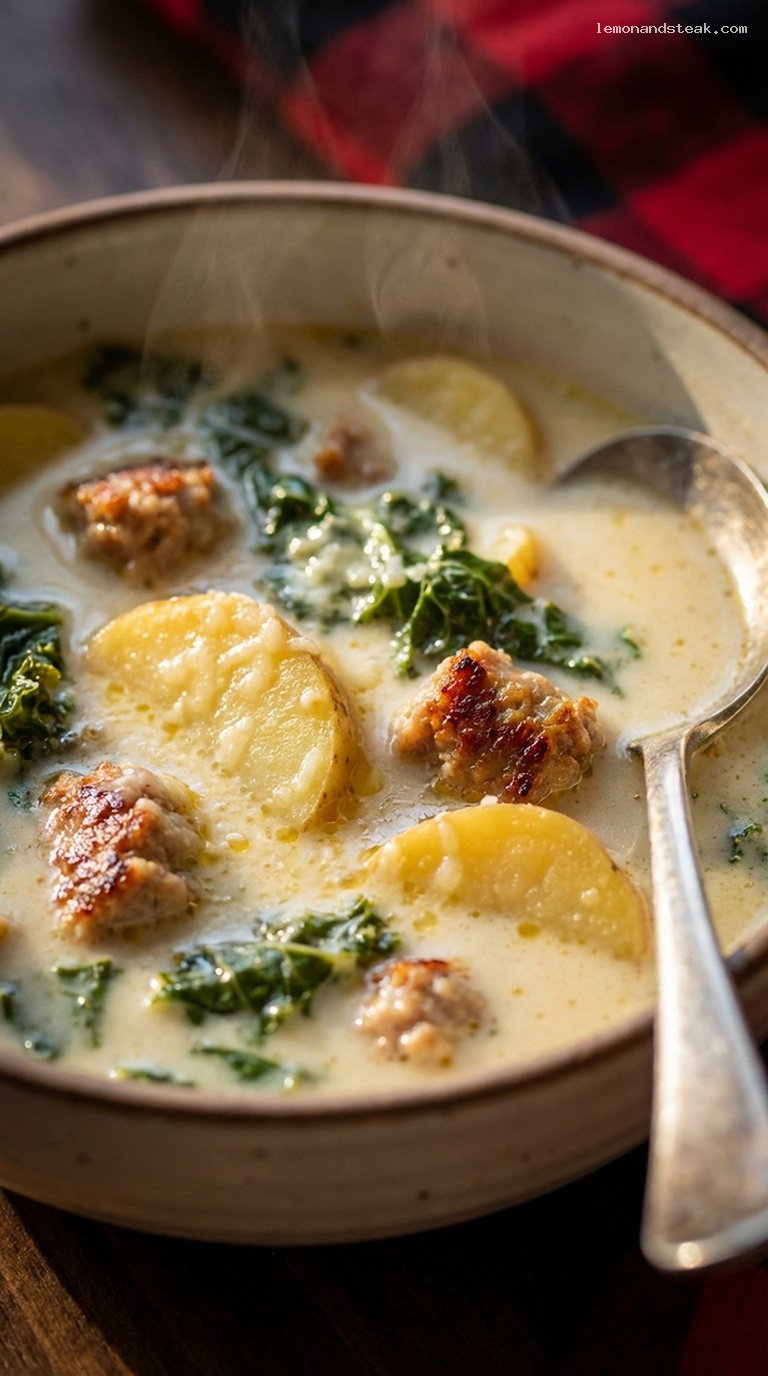 Creamy Sausage and Potato Soup with Kale – Closeup
