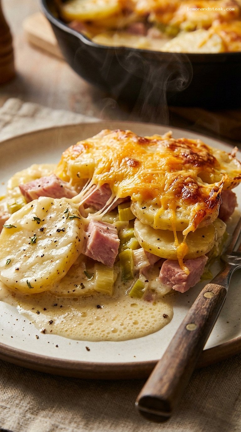 Creamy Smoked Turkey Potato and Leek Bake – Closeup