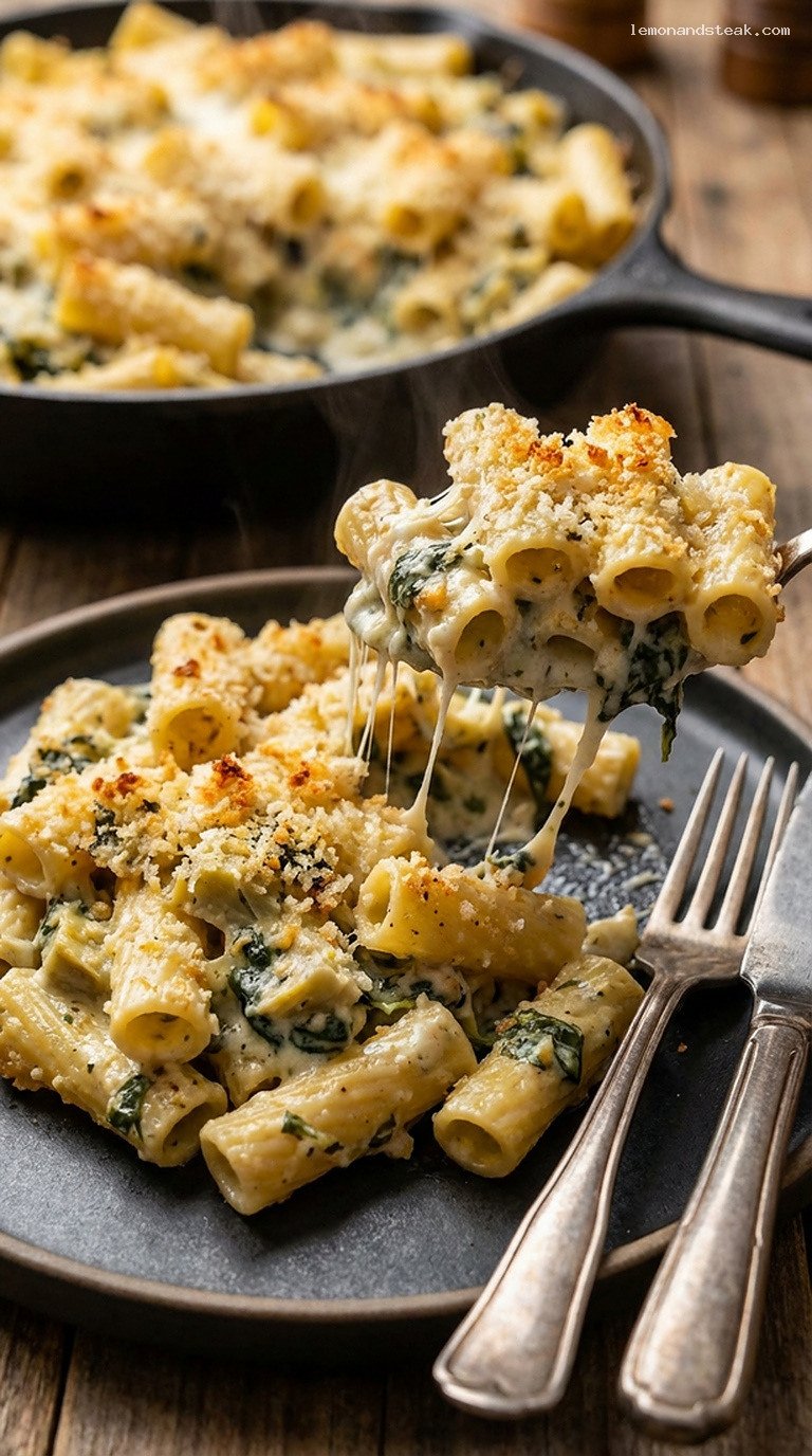 Creamy Spinach and Artichoke Baked Pasta – Closeup