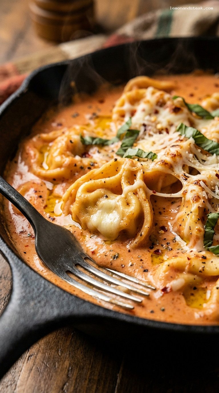 Creamy Tomato Basil Tortellini Skillet – Closeup