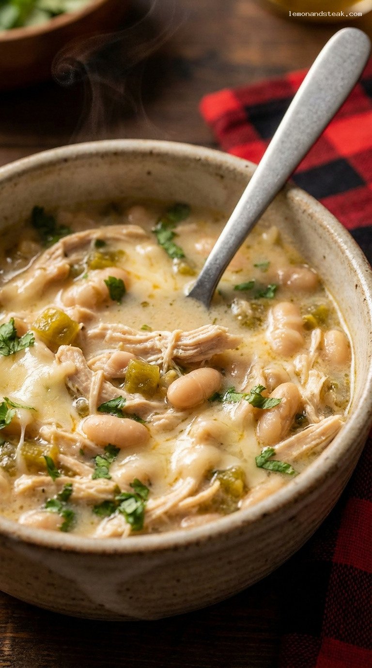 Creamy White Chicken Chili With Beans and Green Chiles – Closeup