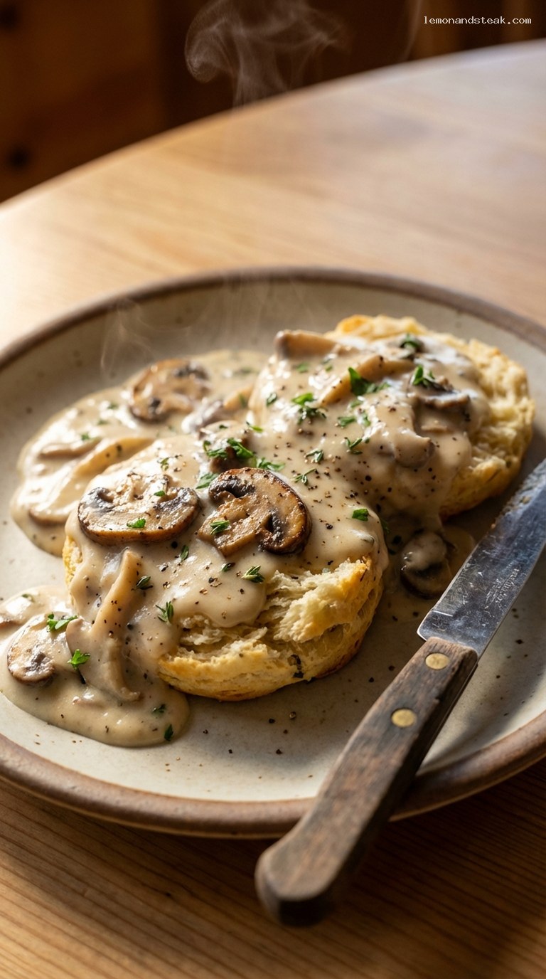 Creamy Wild Mushroom Gravy Over Herb Biscuits – Closeup