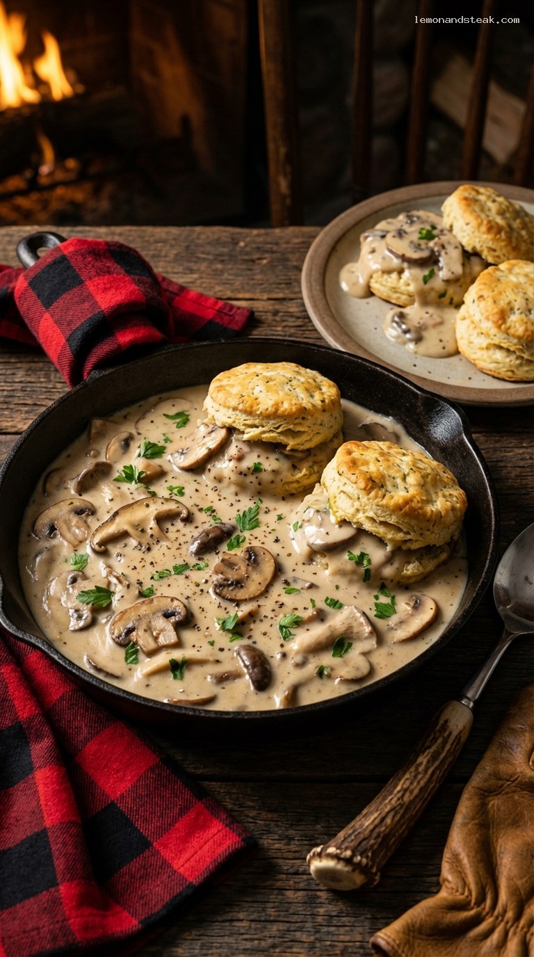 Creamy Wild Mushroom Gravy Over Herb Biscuits
