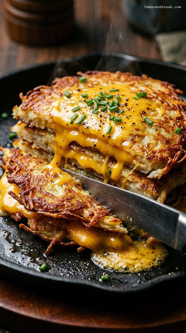 Crispy Cast-Iron Cheddar Potato Flapjack Stack – Closeup