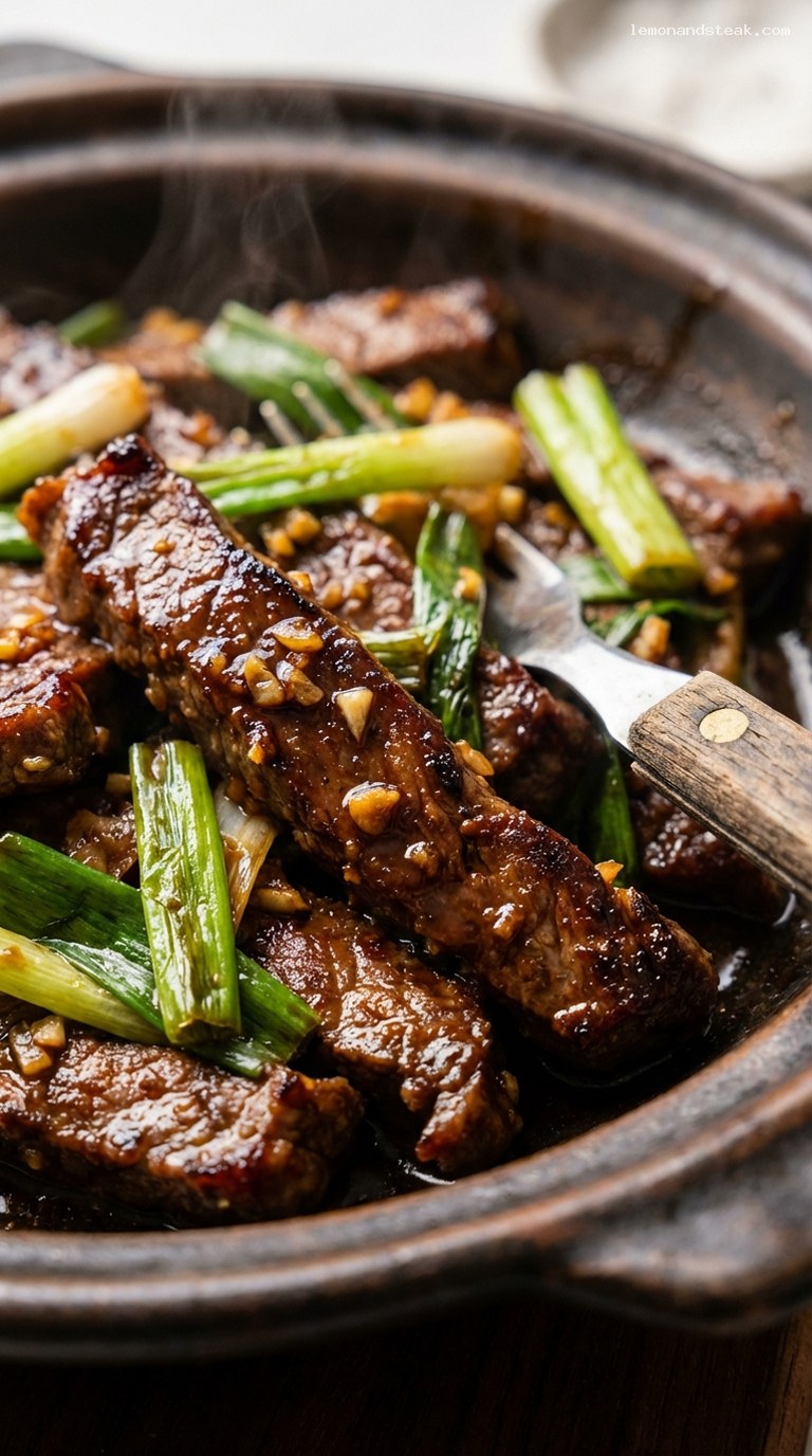 Crispy Mongolian Beef with Ginger and Scallions – Closeup