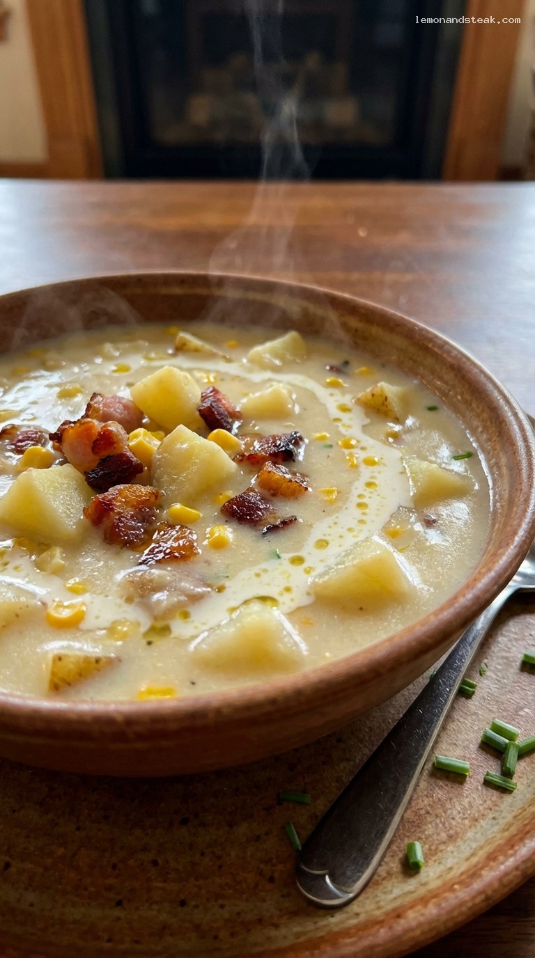 Fireplace Baked Potato and Corn Chowder with Salt Pork – Closeup