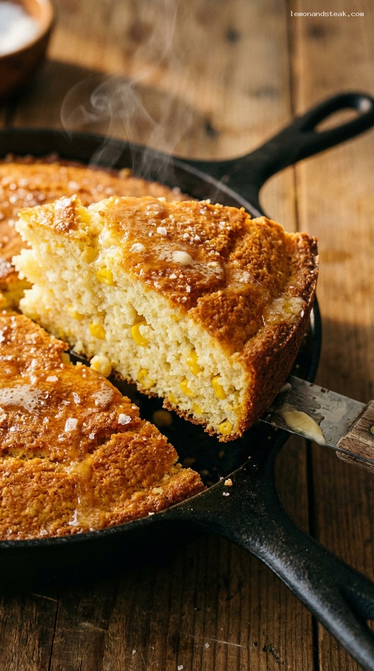 Fluffy Buttermilk Skillet Cornbread with Honey Butter – Closeup
