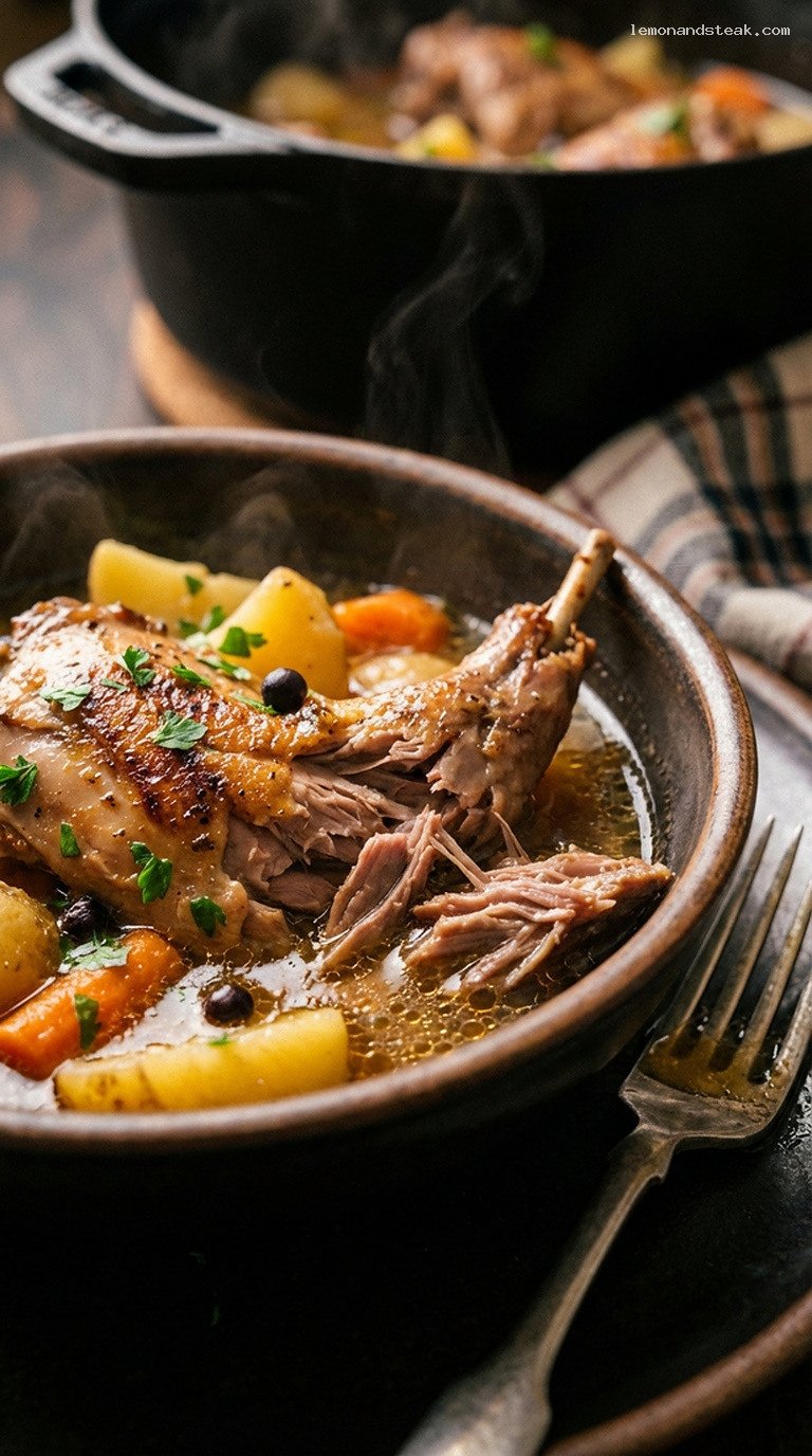 Frontier-Style Cast-Iron Rabbit Stew with Root Vegetables – Closeup