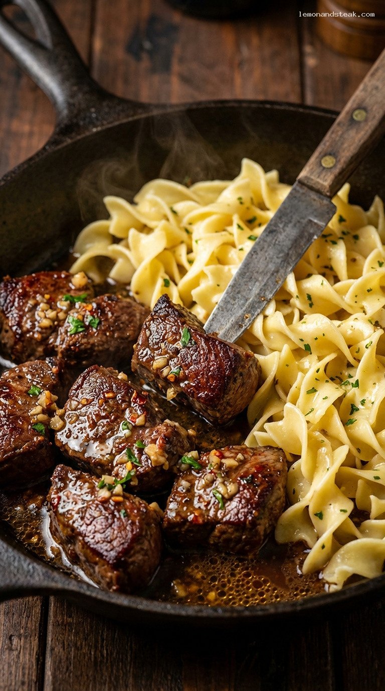 Garlic Butter Beef Tips and Noodles in Cast Iron – Closeup