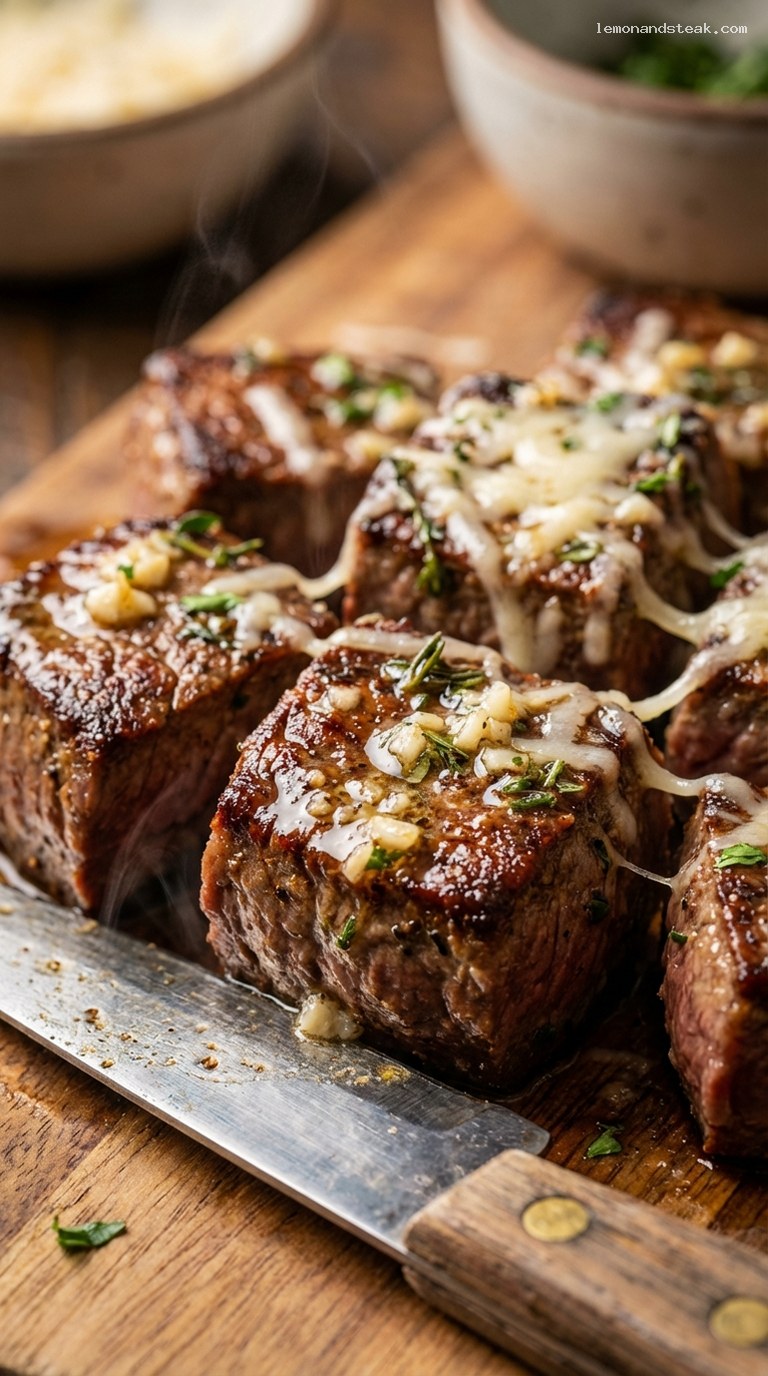 Garlic Butter Parmesan Steak Bites with Fresh Herbs – Closeup