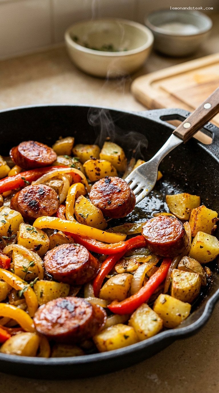 Garlic Herb Sausage, Potato and Pepper Skillet – Closeup