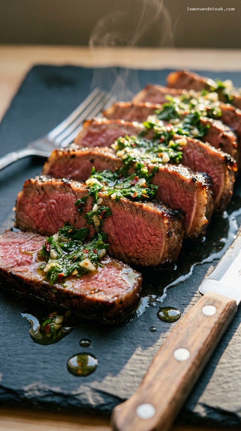 Grilled New York Strip Steak with Chimichurri Sauce – Closeup