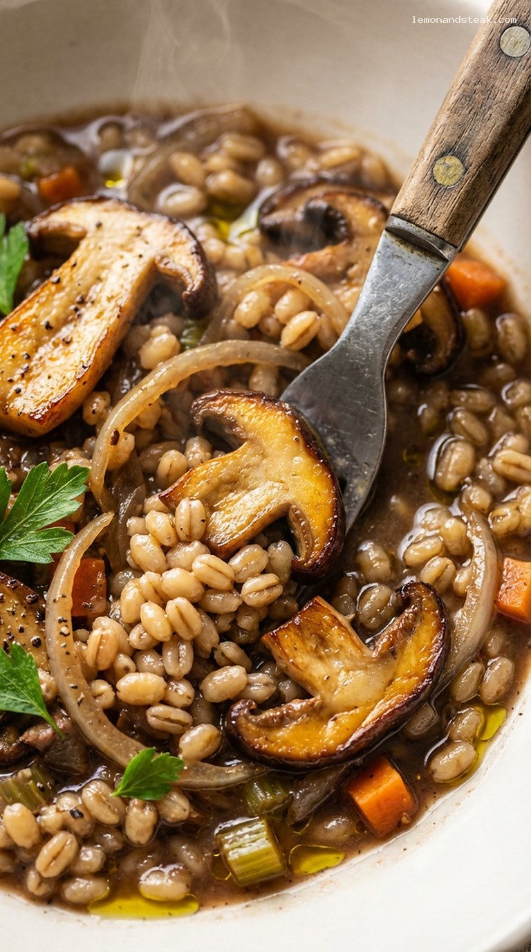 Hearty Barley and Mushroom Ragout with Caramelized Onions – Closeup