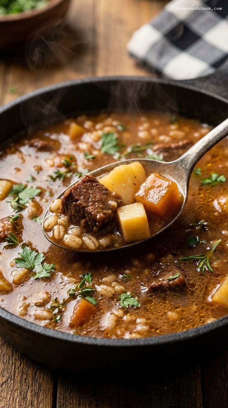 Hearty Beef and Barley Stew with Root Vegetables – Closeup