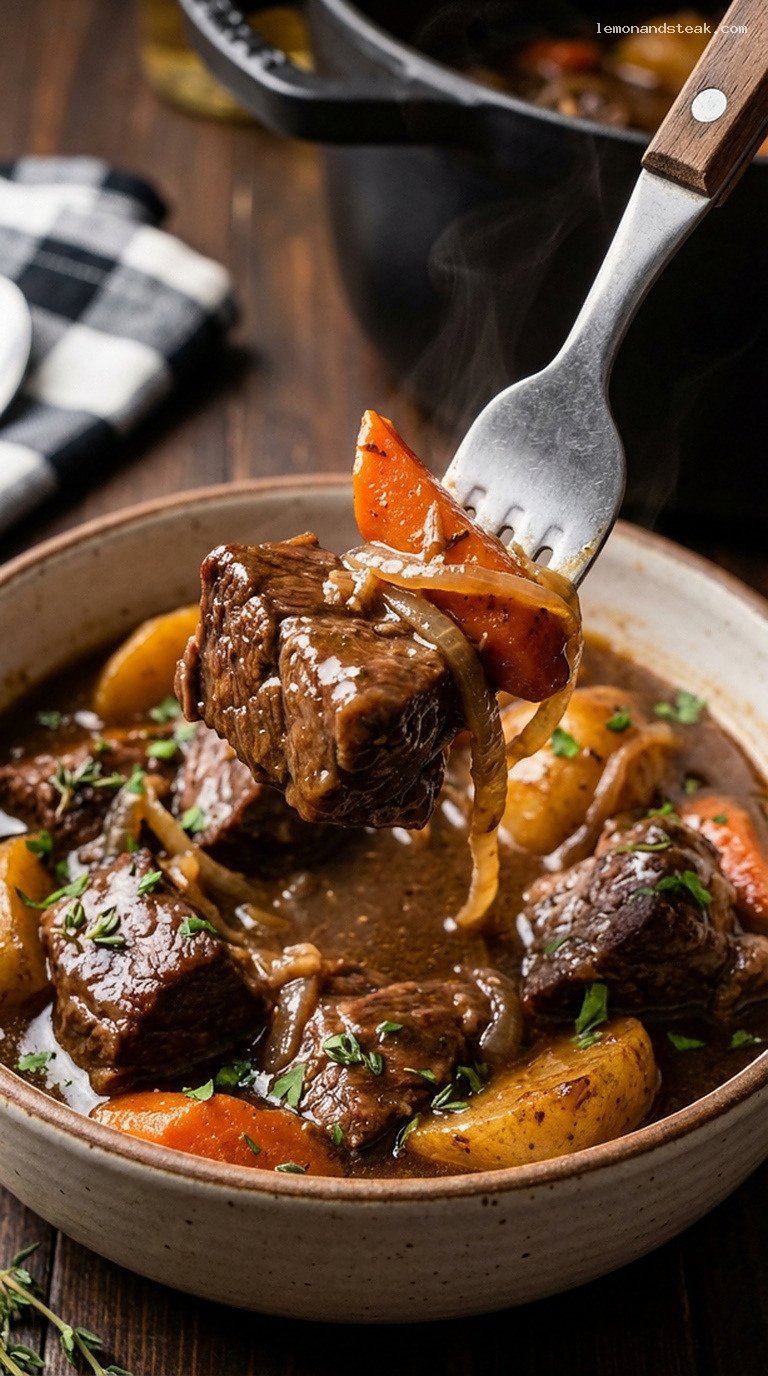 Hearty Beef and Guinness Stew for Winter Nights – Closeup