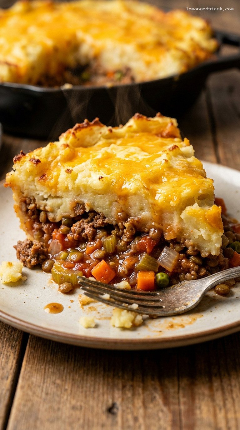 Hearty Beef and Lentil Cottage Pie With Mashed Potatoes – Closeup
