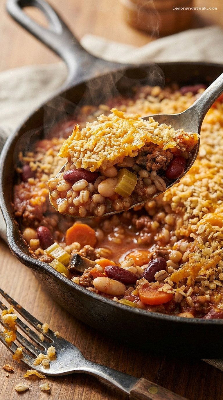 Hearty Cast-Iron Bean and Barley Hot Dish – Closeup