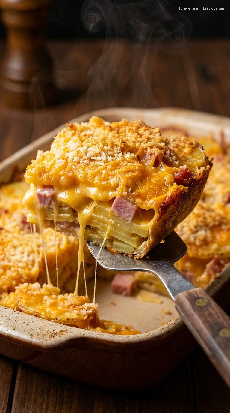 Hearty Cheesy Ham and Potato Bake – Closeup