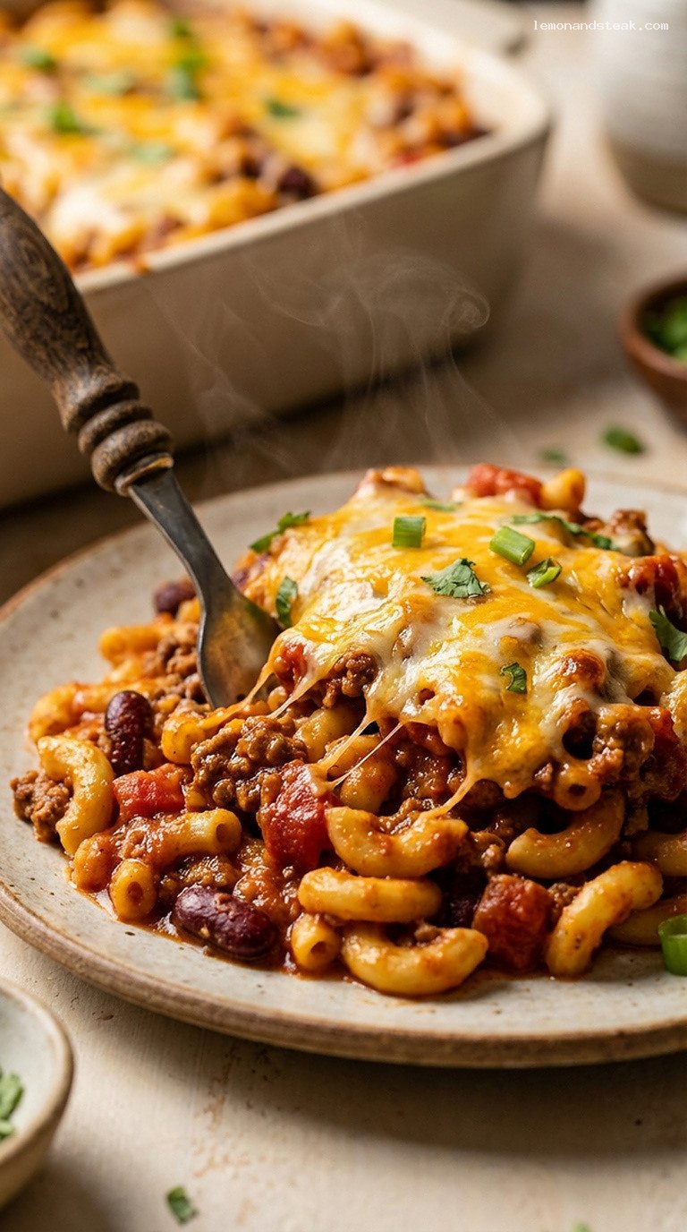Hearty Chili Mac Casserole with Melted Cheese – Closeup