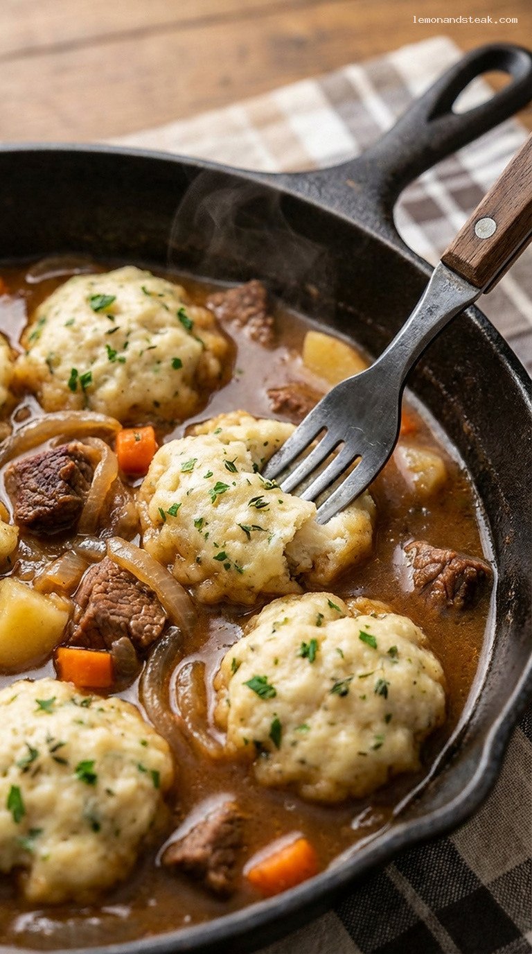 Hearty Frontier Beef and Onion Dumpling Stew – Closeup