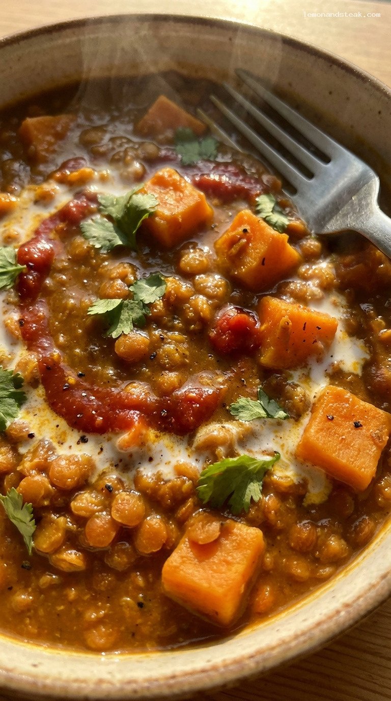 Hearty Lentil and Sweet Potato Curry Bowl – Closeup