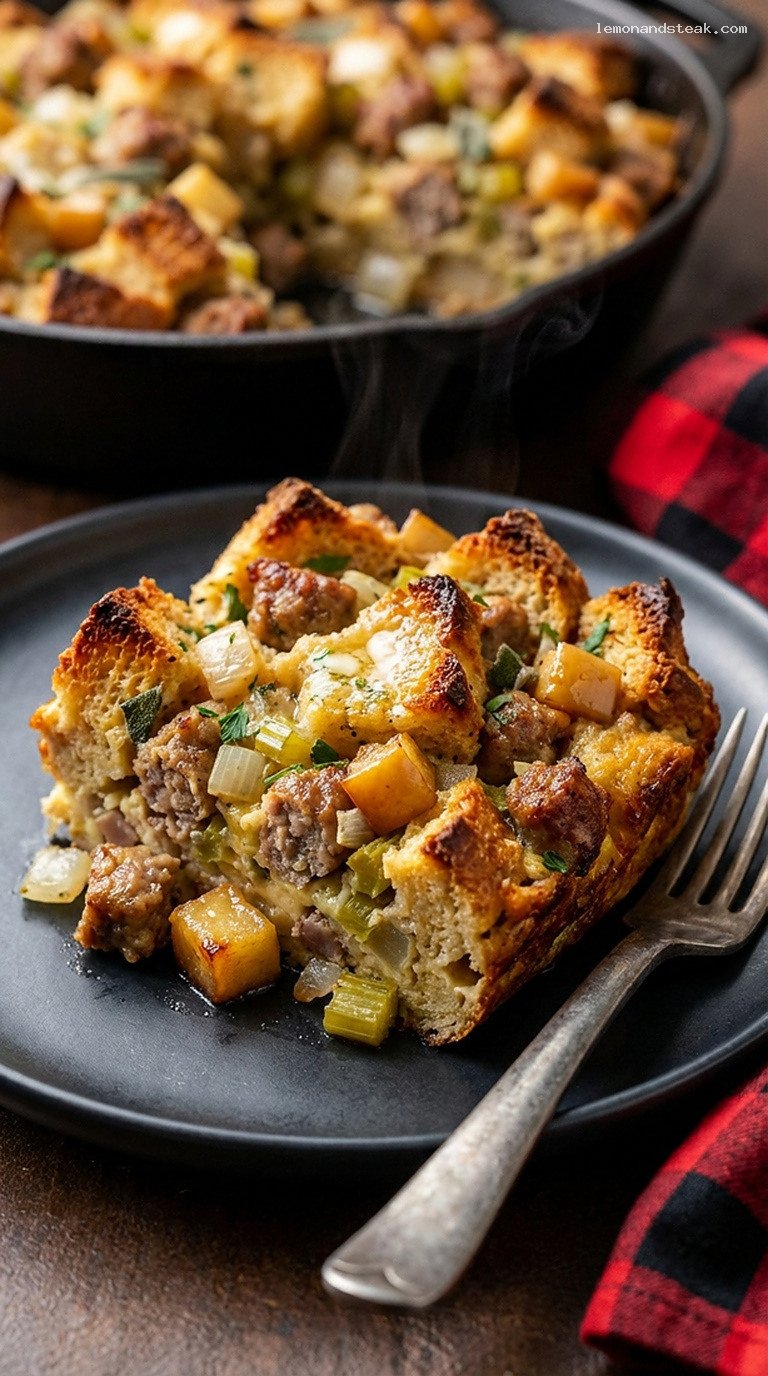 Hearty Sausage and Apple Mountain Stuffing Bake – Closeup