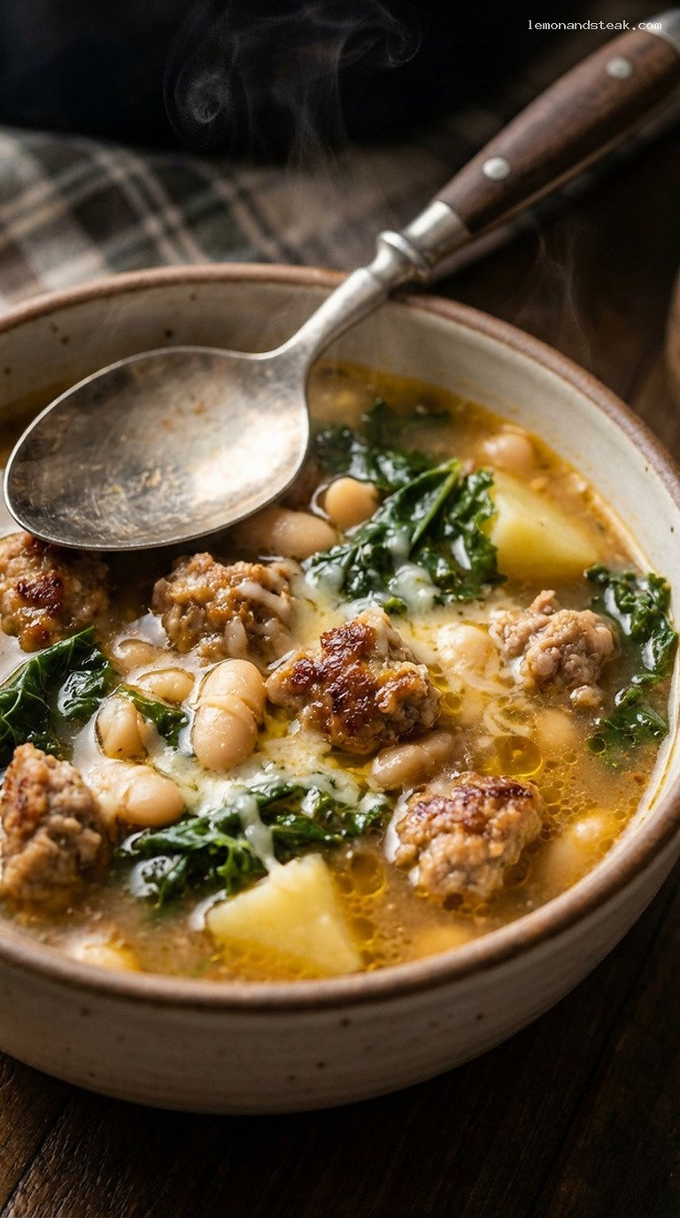 Hearty Sausage and Kale White Bean Stew – Closeup