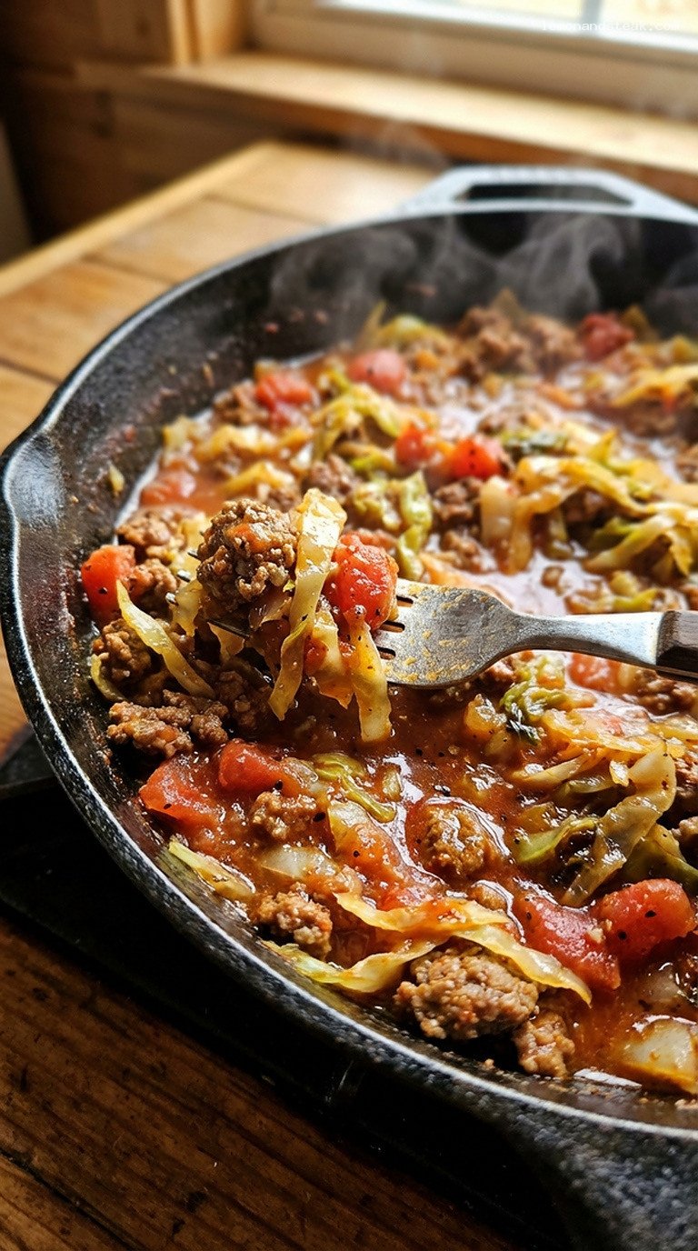 Hearty Skillet Beef and Cabbage with Tomatoes – Closeup