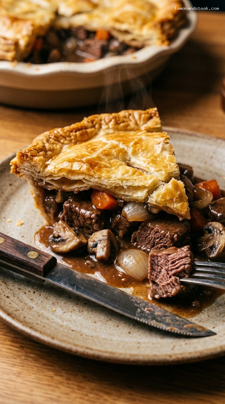 Hearty Steak and Mushroom Puff Pastry Pie – Closeup