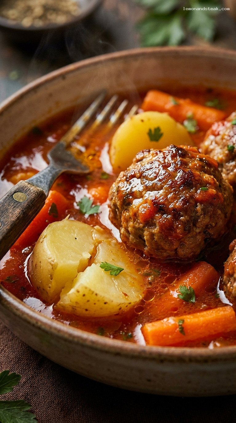 Hearty Winter Meatball and Potato Stew – Closeup