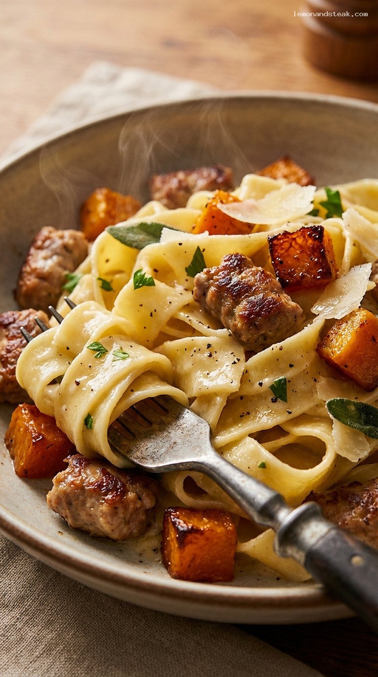 Homestead Sausage–Pumpkin Cabin Pasta Toss – Closeup