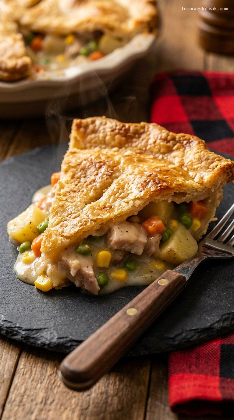 Homestyle Turkey Pot Pie with Flaky Pastry Crust – Closeup