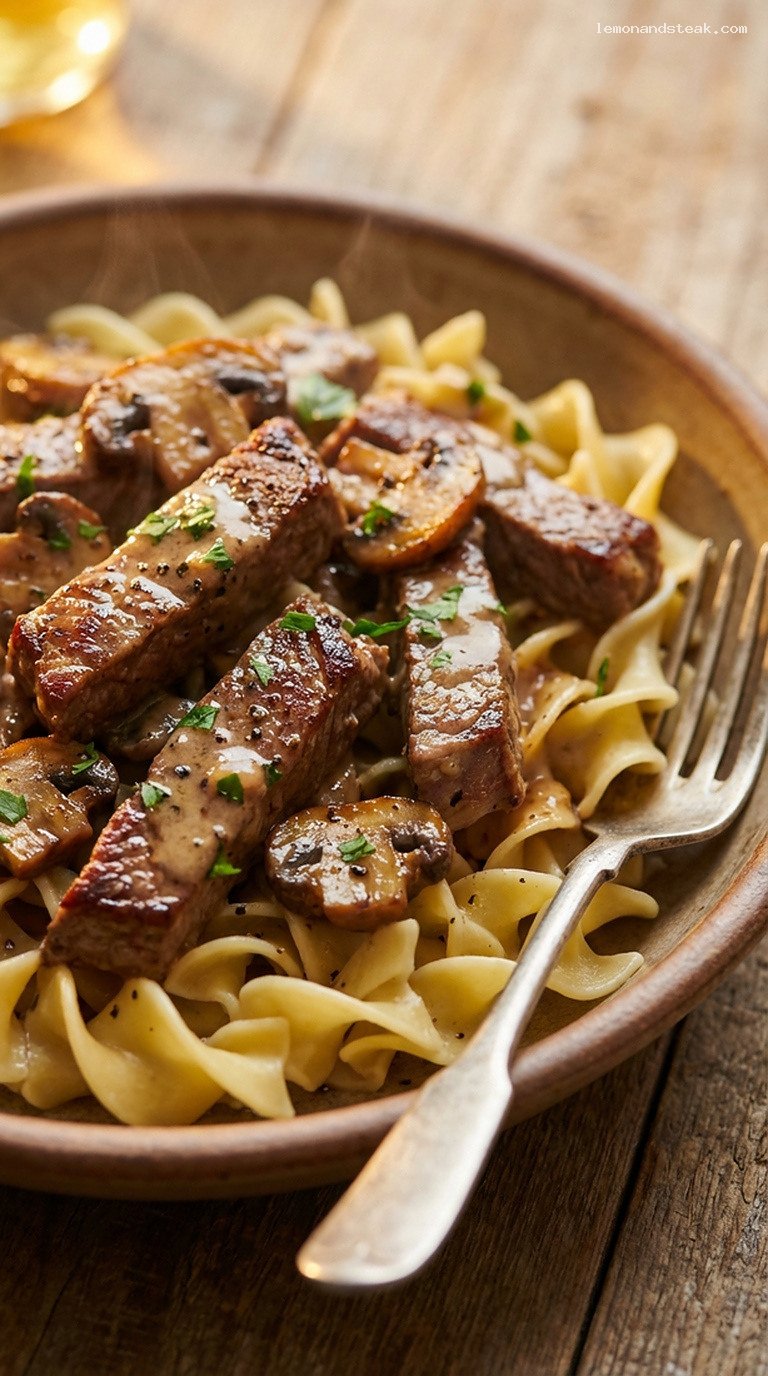 Iron Kettle Beef and Mushroom Stroganoff with Egg Noodles – Closeup