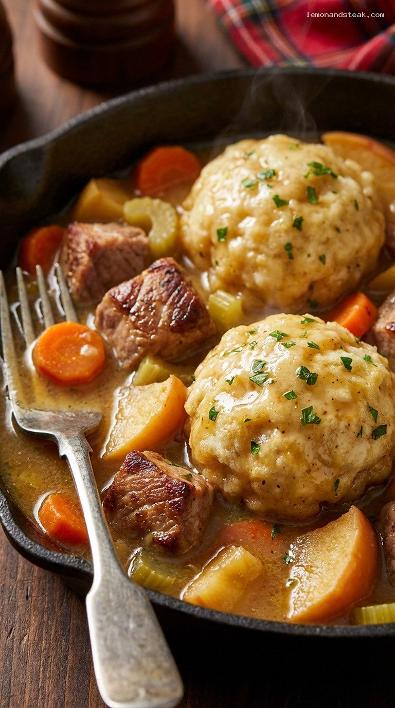 Log Cabin Pork and Apple Dumpling Stew – Closeup
