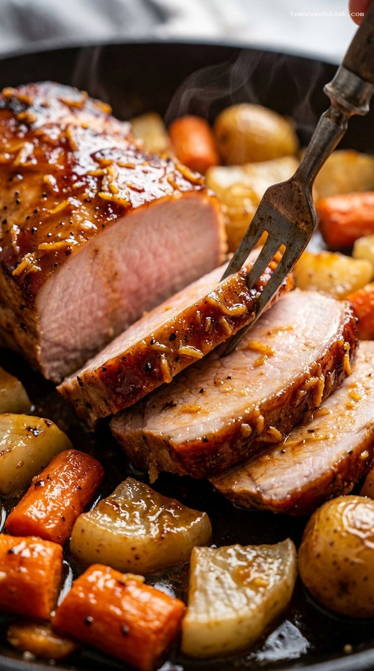 Maple-Ginger Pork Roast With Roasted Root Vegetables – Closeup