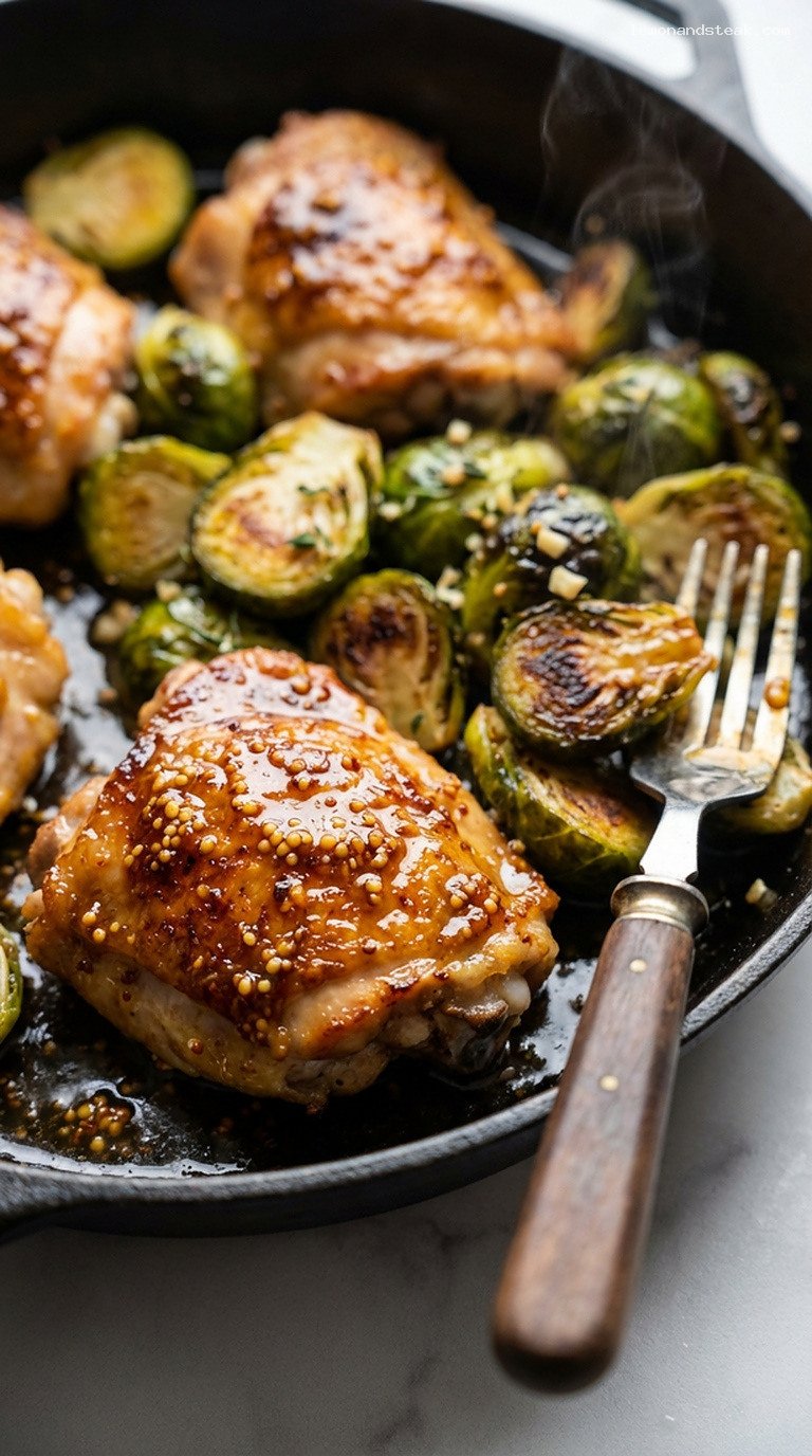 Maple Mustard Chicken and Crispy Brussels Sprout Skillet – Closeup