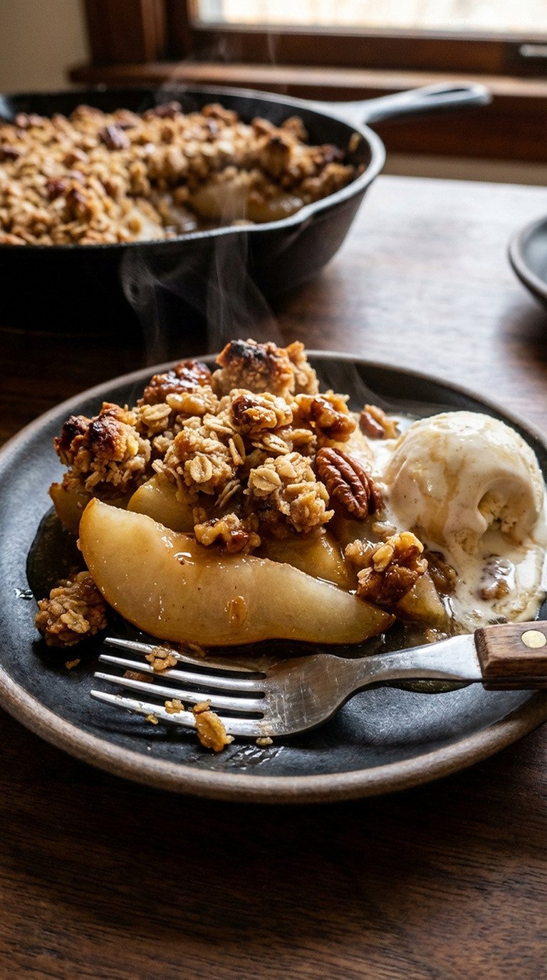 Maple Pear Cast-Iron Crisp with Oat Topping – Closeup