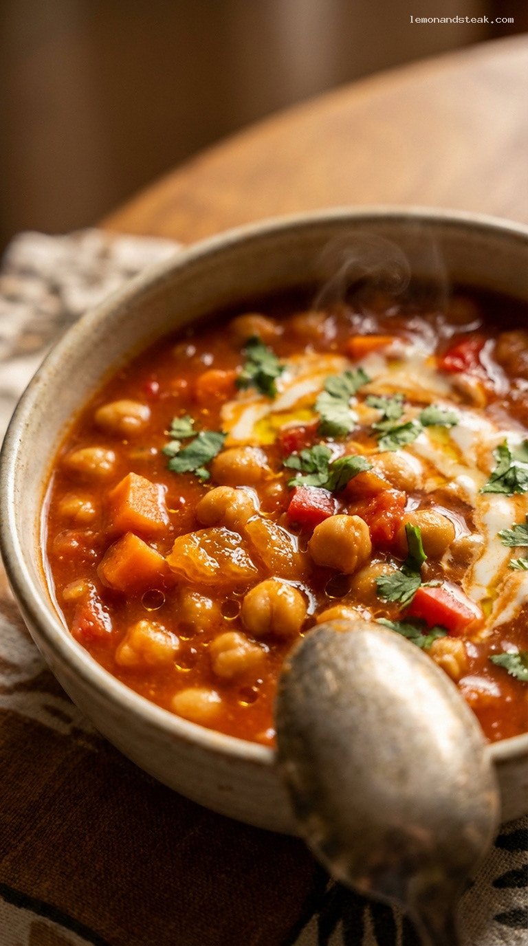 Moroccan Chickpea Stew With Tomatoes and Apricots – Closeup